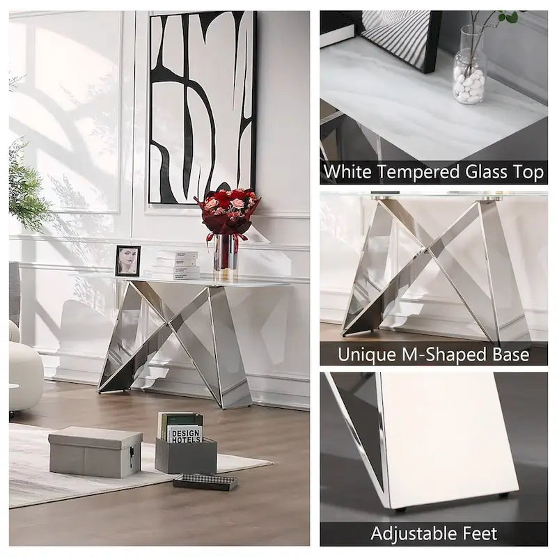 Console en verre blanc rectangulaire de 55 pouces avec base en M miroir