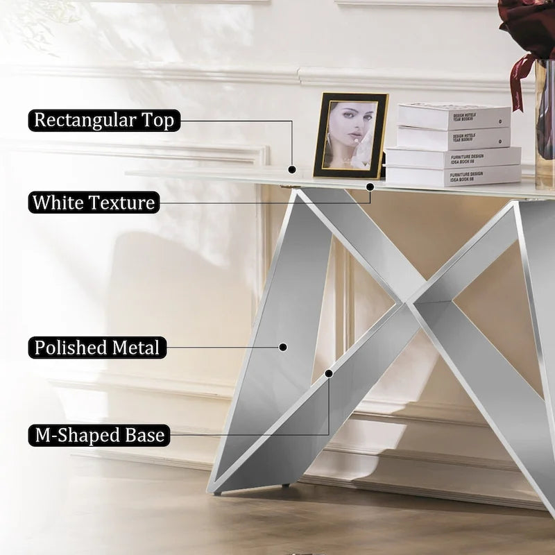 Console en verre blanc rectangulaire de 55 pouces avec base en M miroir