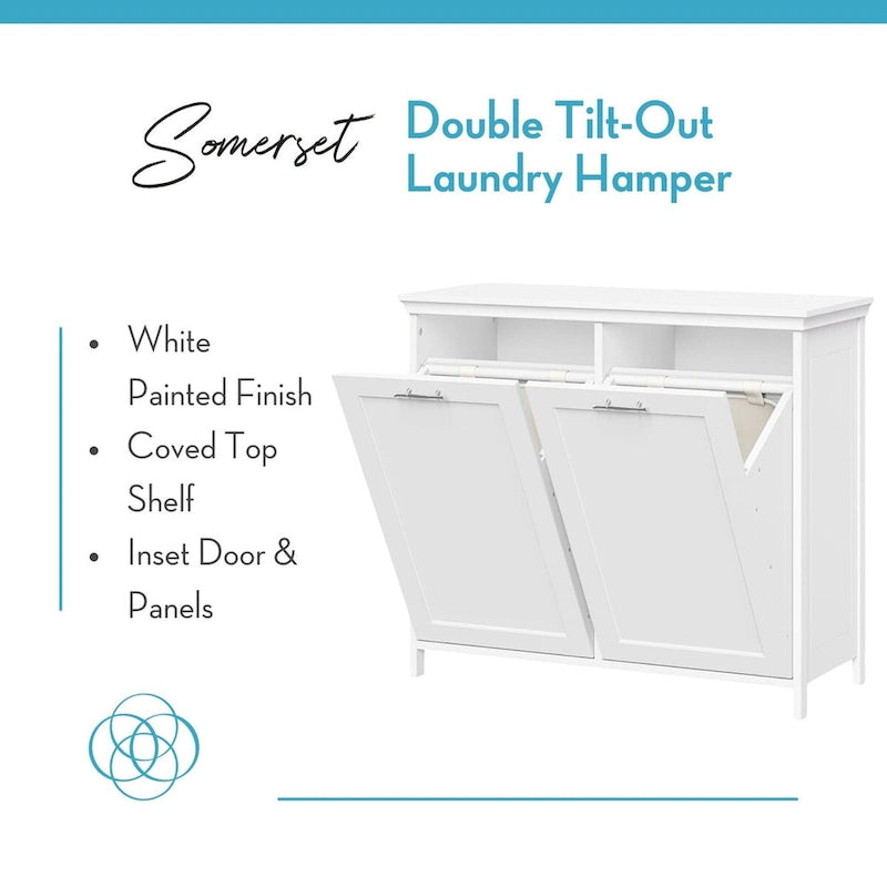 Meuble de rangement pour linge avec deux paniers basculants et sacs en tissu amovibles - Blanc