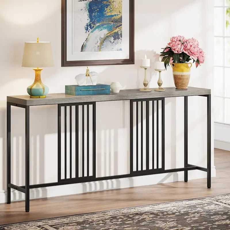 Table console de canapé de 70,9 pouces avec étagère de rangement ouverte, Table étroite industrielle extra longue, Table d'entrée derrière le canapé
