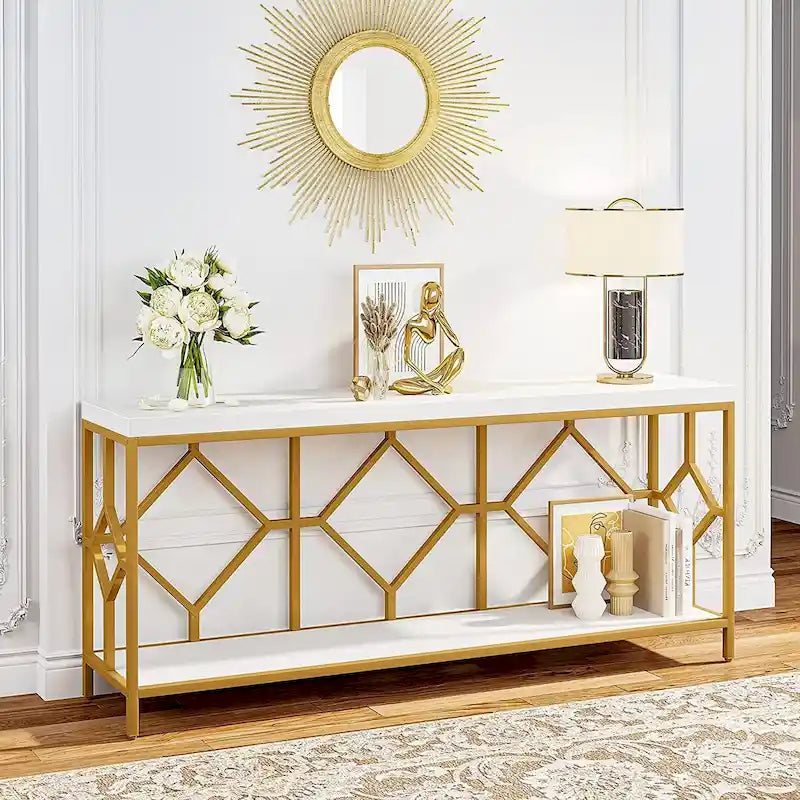 Table console de canapé de 70,9 pouces avec étagère de rangement ouverte, Table étroite industrielle extra longue, Table d'entrée derrière le canapé