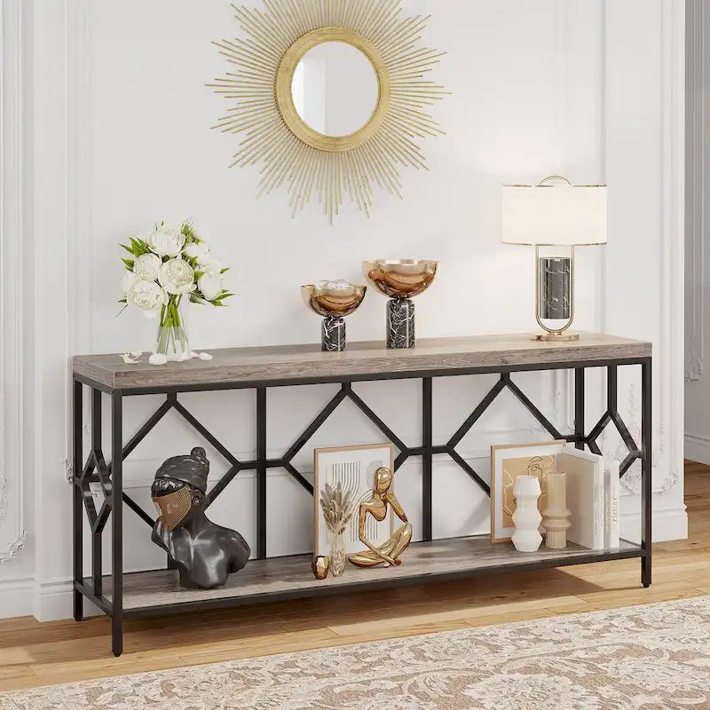 Table console de canapé de 70,9 pouces avec étagère de rangement ouverte, Table étroite industrielle extra longue, Table d'entrée derrière le canapé