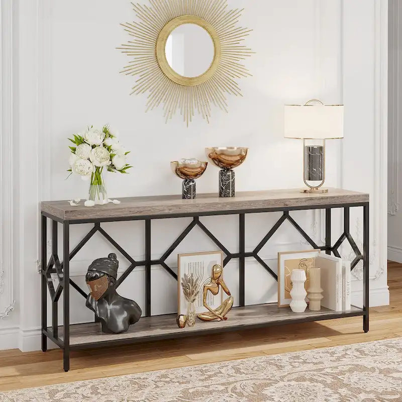 Table console de canapé de 70,9 pouces avec étagère de rangement ouverte, Table étroite industrielle extra longue, Table d'entrée derrière le canapé