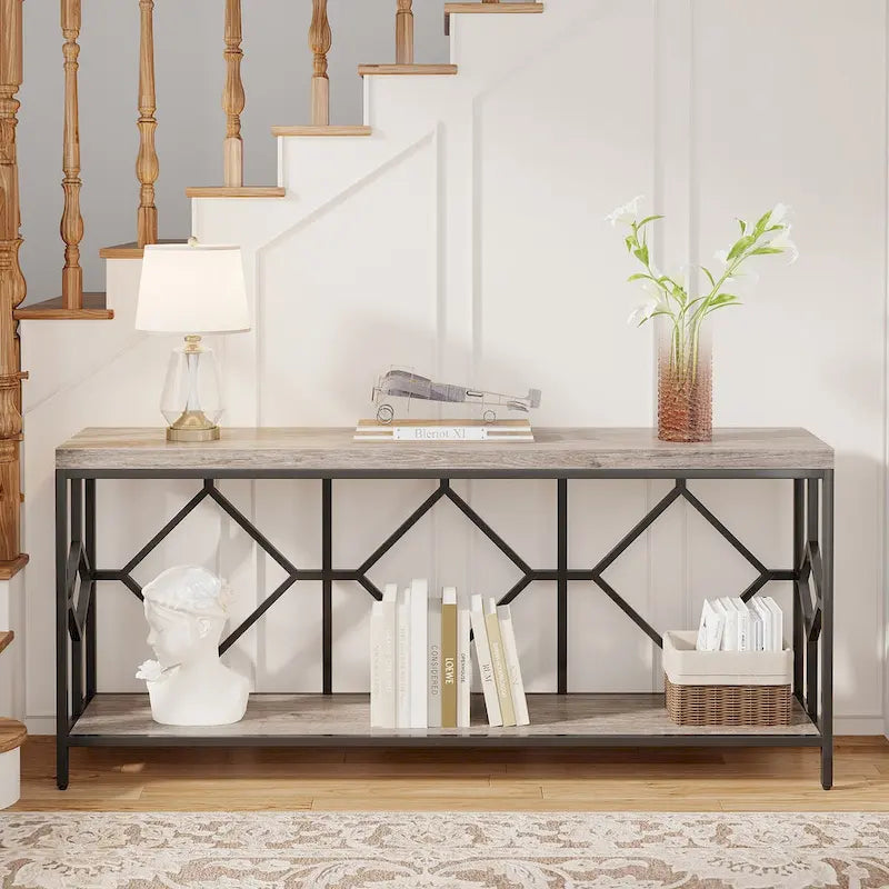 Table console de canapé de 70,9 pouces avec étagère de rangement ouverte, Table étroite industrielle extra longue, Table d'entrée derrière le canapé