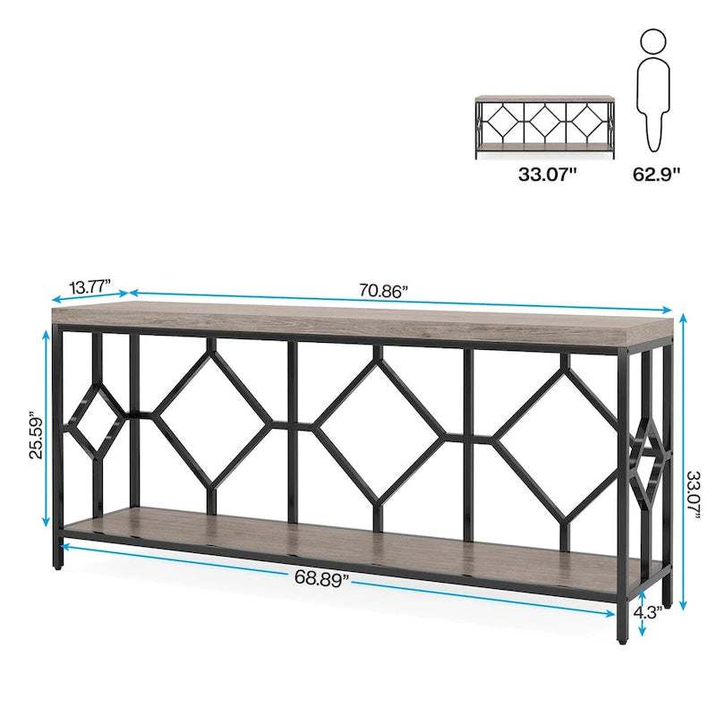 Table console de canapé de 70,9 pouces avec étagère de rangement ouverte, Table étroite industrielle extra longue, Table d'entrée derrière le canapé
