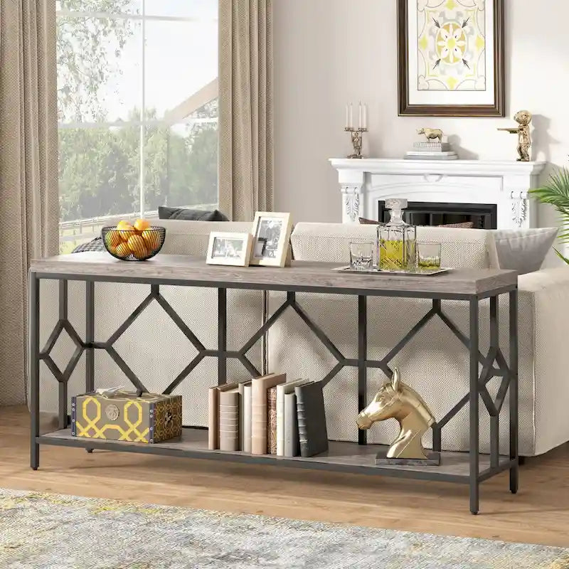 Table console de canapé de 70,9 pouces avec étagère de rangement ouverte, Table étroite industrielle extra longue, Table d'entrée derrière le canapé