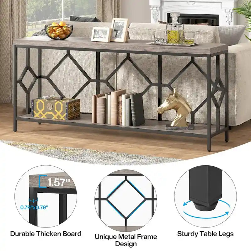 Table console de canapé de 70,9 pouces avec étagère de rangement ouverte, Table étroite industrielle extra longue, Table d'entrée derrière le canapé