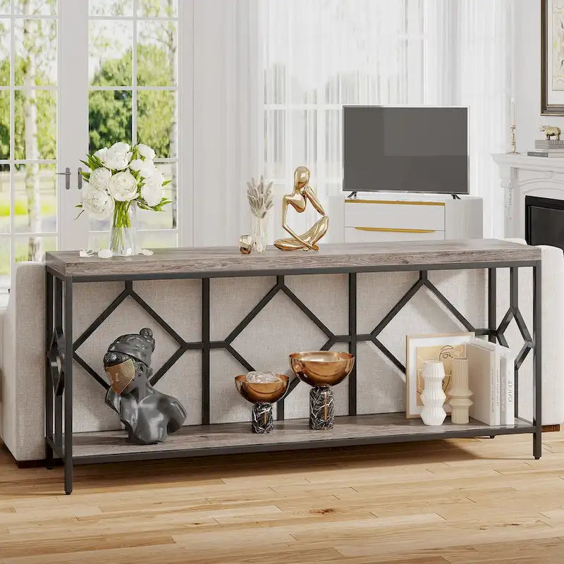 Table console de canapé de 70,9 pouces avec étagère de rangement ouverte, Table étroite industrielle extra longue, Table d'entrée derrière le canapé