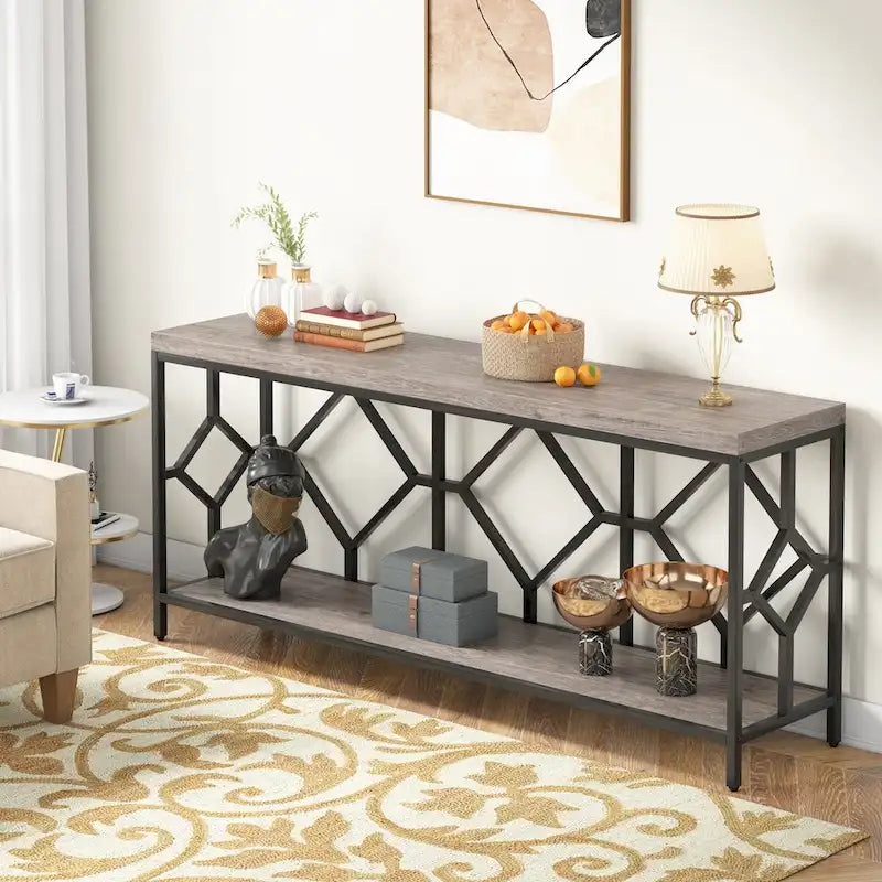 Table console de canapé de 70,9 pouces avec étagère de rangement ouverte, Table étroite industrielle extra longue, Table d'entrée derrière le canapé