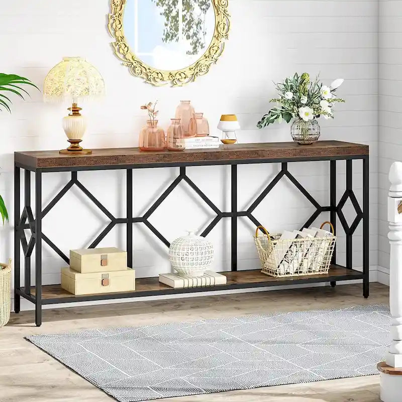 Table console de canapé de 70,9 pouces avec étagère de rangement ouverte, Table étroite industrielle extra longue, Table d'entrée derrière le canapé