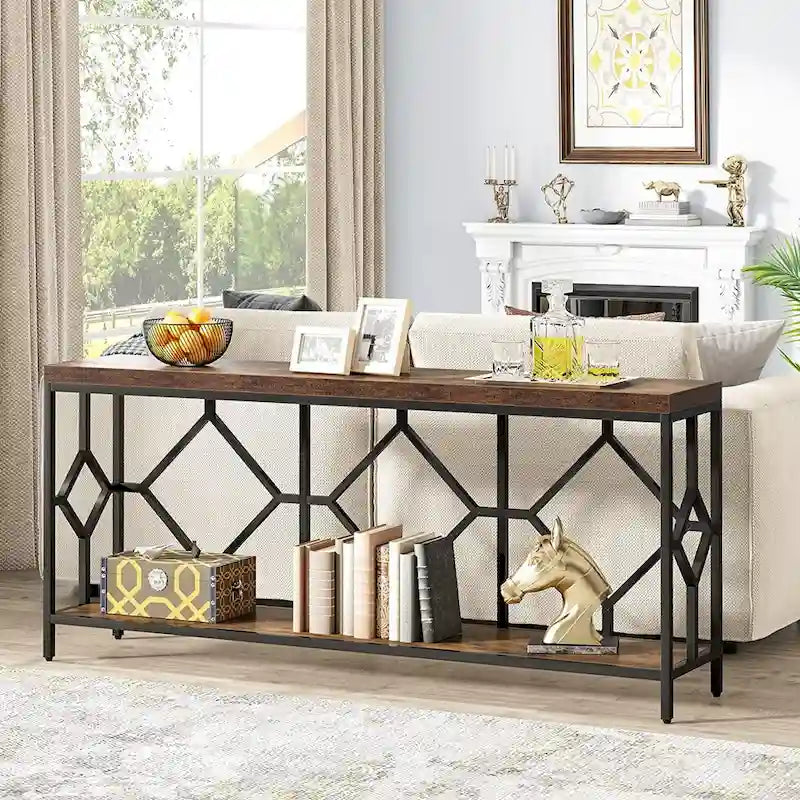 Table console de canapé de 70,9 pouces avec étagère de rangement ouverte, Table étroite industrielle extra longue, Table d'entrée derrière le canapé