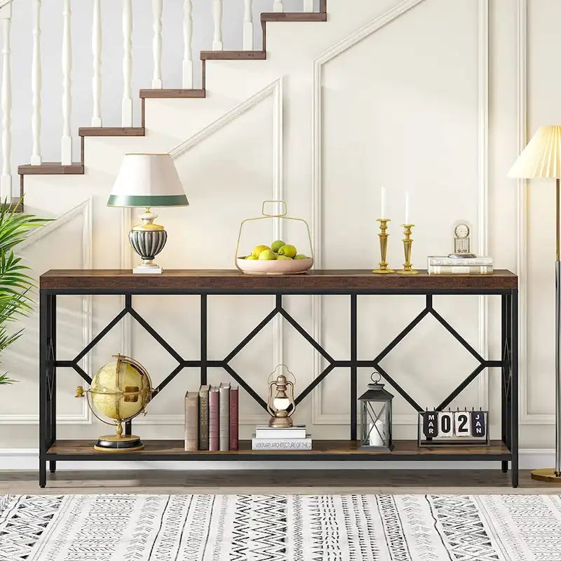 Table console de canapé de 70,9 pouces avec étagère de rangement ouverte, Table étroite industrielle extra longue, Table d'entrée derrière le canapé