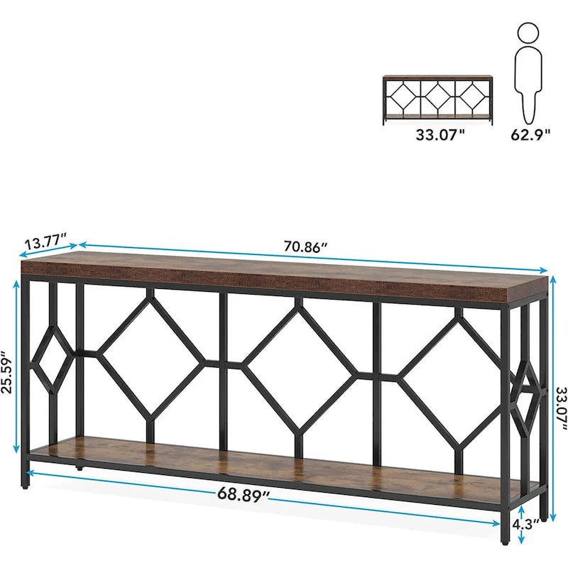 Table console de canapé de 70,9 pouces avec étagère de rangement ouverte, Table étroite industrielle extra longue, Table d'entrée derrière le canapé