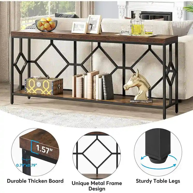 Table console de canapé de 70,9 pouces avec étagère de rangement ouverte, Table étroite industrielle extra longue, Table d'entrée derrière le canapé