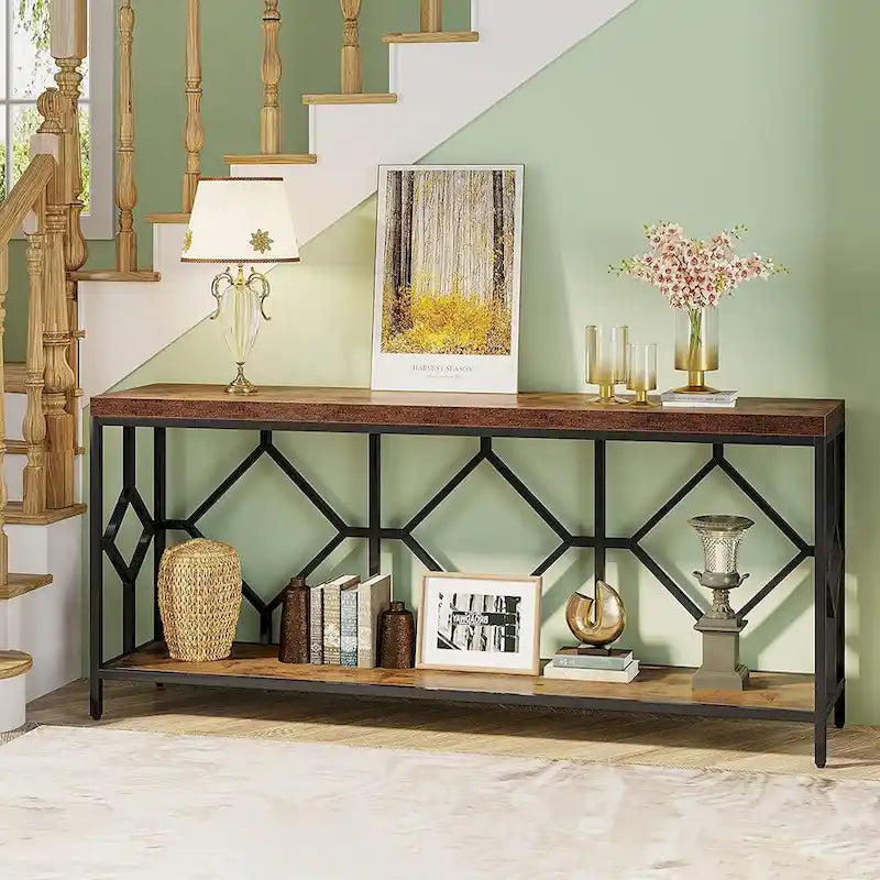 Table console de canapé de 70,9 pouces avec étagère de rangement ouverte, Table étroite industrielle extra longue, Table d'entrée derrière le canapé