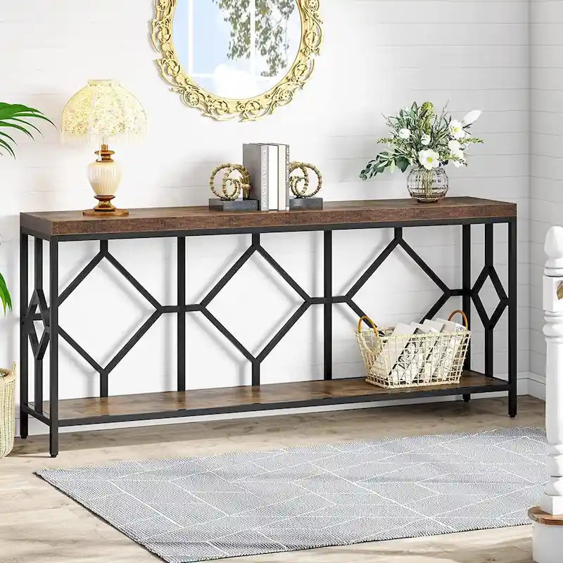 Table console de canapé de 70,9 pouces avec étagère de rangement ouverte, Table étroite industrielle extra longue, Table d'entrée derrière le canapé