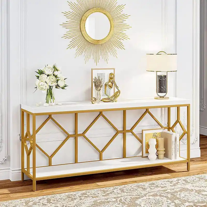 Table console de canapé de 70,9 pouces avec étagère de rangement ouverte, Table étroite industrielle extra longue, Table d'entrée derrière le canapé