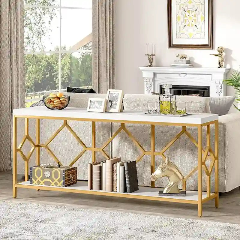 Table console de canapé de 70,9 pouces avec étagère de rangement ouverte, Table étroite industrielle extra longue, Table d'entrée derrière le canapé