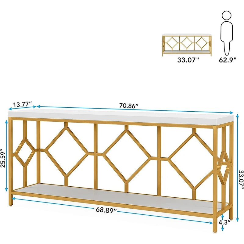 Table console de canapé de 70,9 pouces avec étagère de rangement ouverte, Table étroite industrielle extra longue, Table d'entrée derrière le canapé