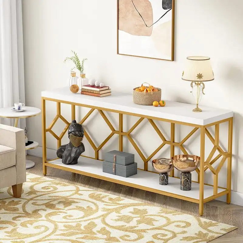 Table console de canapé de 70,9 pouces avec étagère de rangement ouverte, Table étroite industrielle extra longue, Table d'entrée derrière le canapé