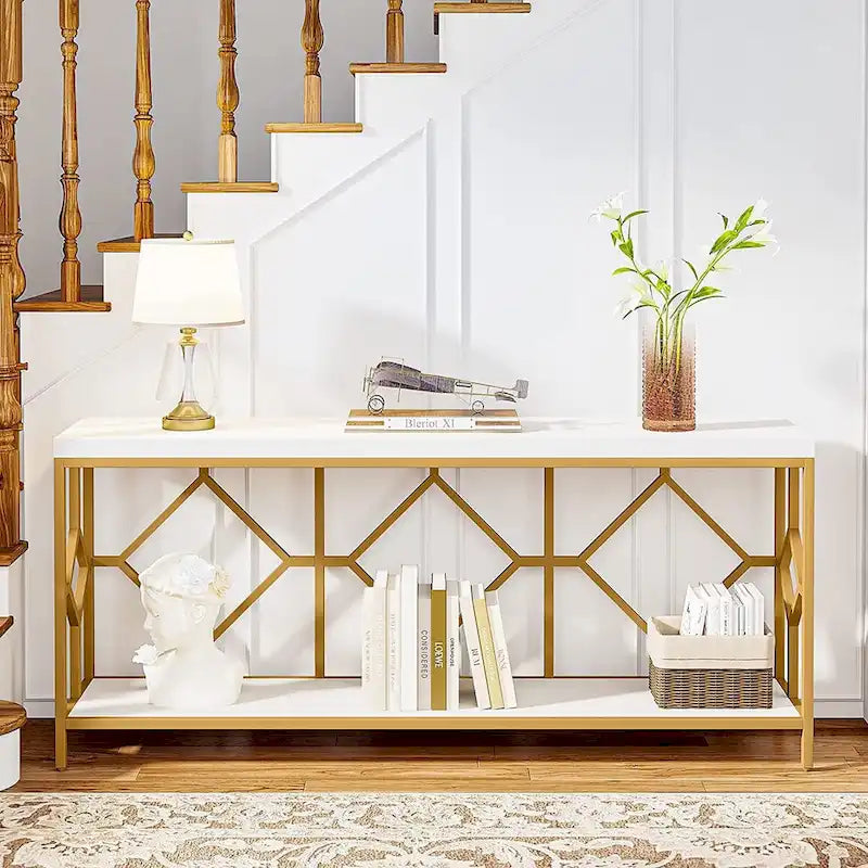 Table console de canapé de 70,9 pouces avec étagère de rangement ouverte, Table étroite industrielle extra longue, Table d'entrée derrière le canapé