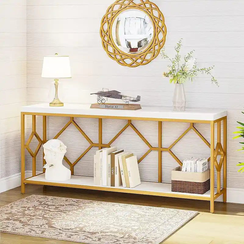 Table console de canapé de 70,9 pouces avec étagère de rangement ouverte, Table étroite industrielle extra longue, Table d'entrée derrière le canapé