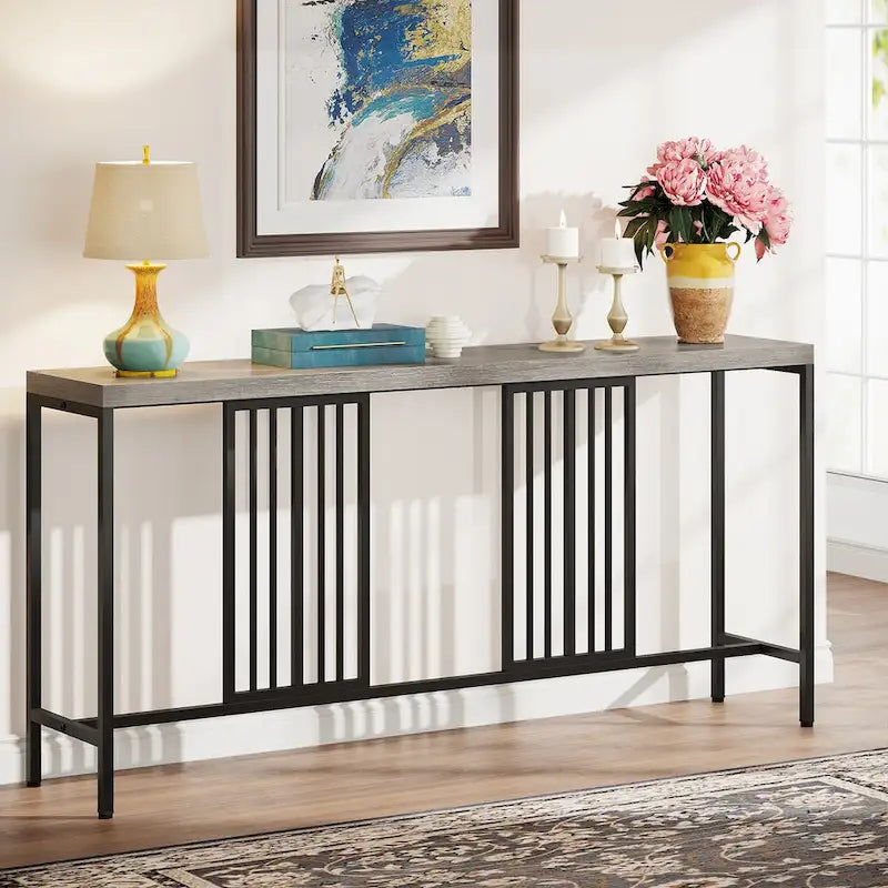 Table console de canapé de 70,9 pouces avec étagère de rangement ouverte, Table étroite industrielle extra longue, Table d'entrée derrière le canapé