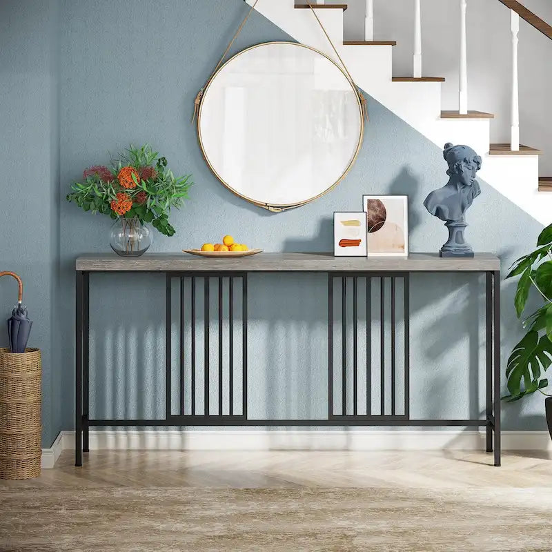Table console de canapé de 70,9 pouces avec étagère de rangement ouverte, Table étroite industrielle extra longue, Table d'entrée derrière le canapé