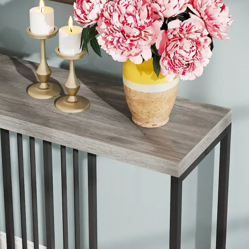 Table console de canapé de 70,9 pouces avec étagère de rangement ouverte, Table étroite industrielle extra longue, Table d'entrée derrière le canapé