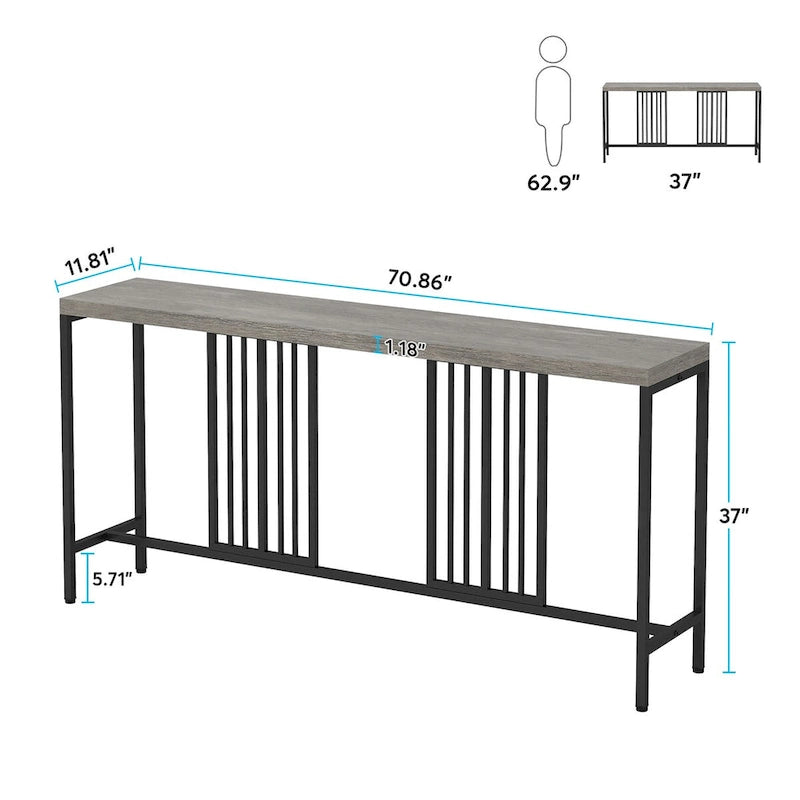 Table console de canapé de 70,9 pouces avec étagère de rangement ouverte, Table étroite industrielle extra longue, Table d'entrée derrière le canapé
